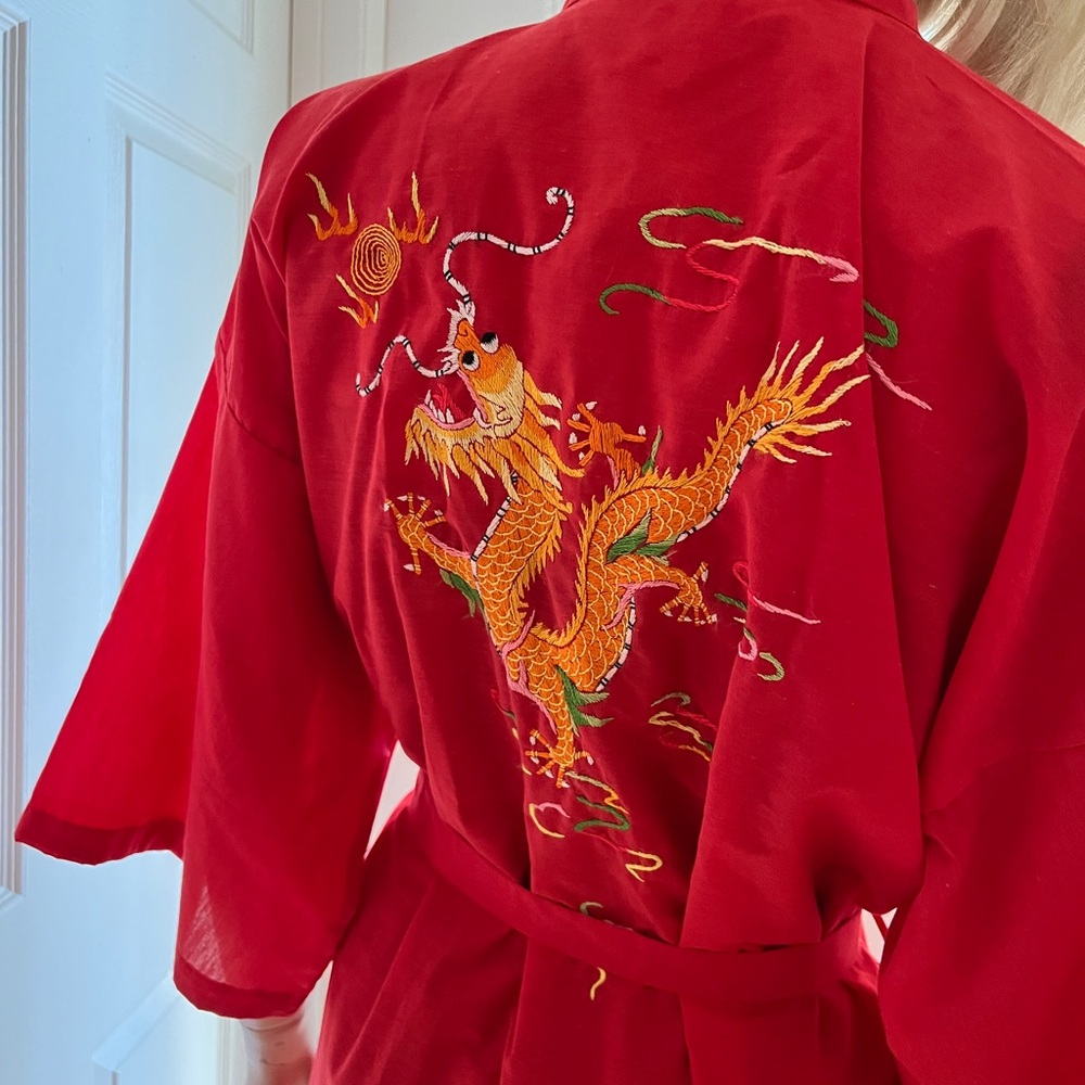 Vintage Kimono Chinese Dragon Red Kimono Robe Embroid… - Gem